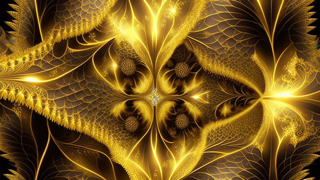 Golden swirling fractal art on black background: futuristic, ornate flora