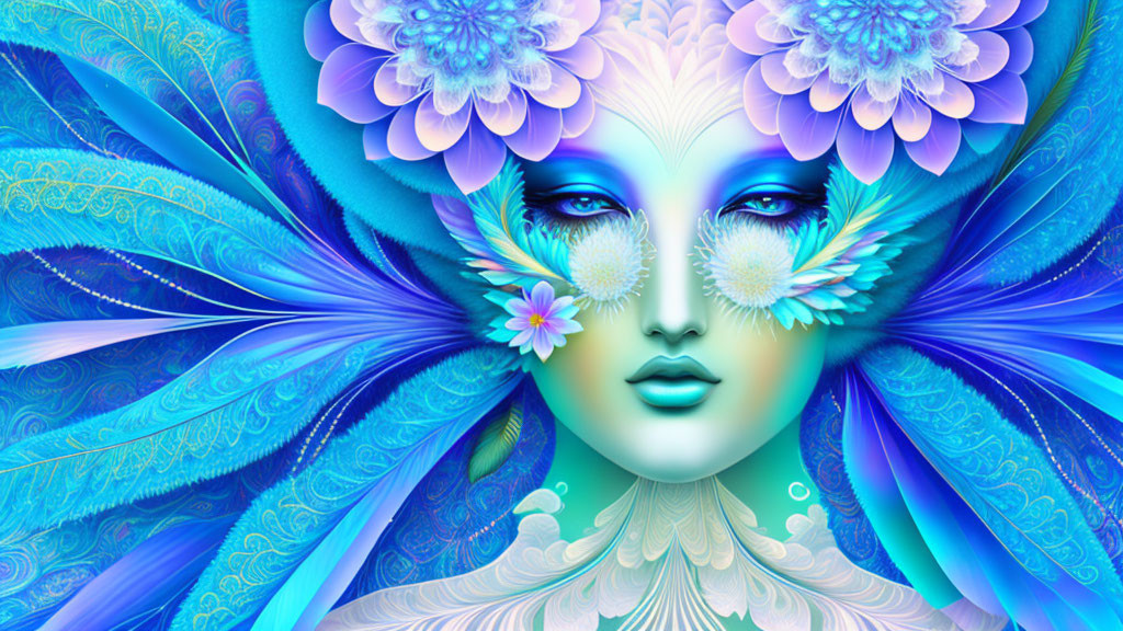 Colorful digital artwork featuring woman's face with blue feathers, floral elements, and intricate patterns