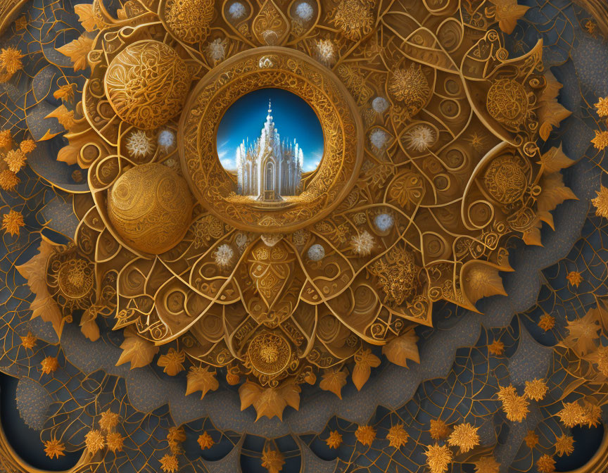 Golden mandala with intricate patterns and fantasy castle against blue sky