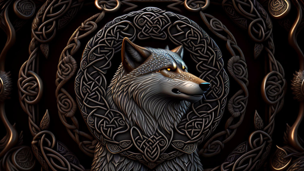 Metallic Wolf Head Illustration with Celtic Knot Background