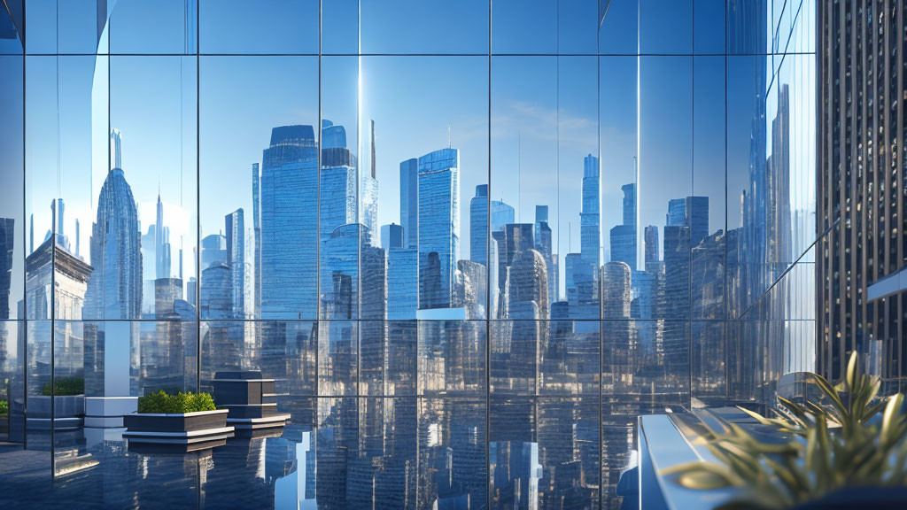 City skyline reflected in glass facade with skyscrapers under clear blue sky