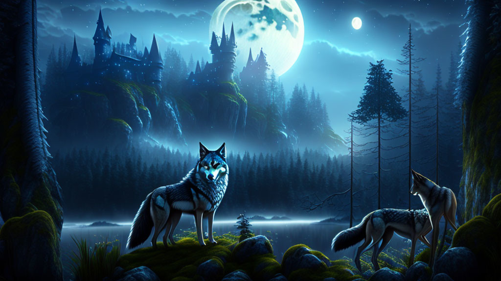 Mystical night landscape with wolves, castle, lake, and forest