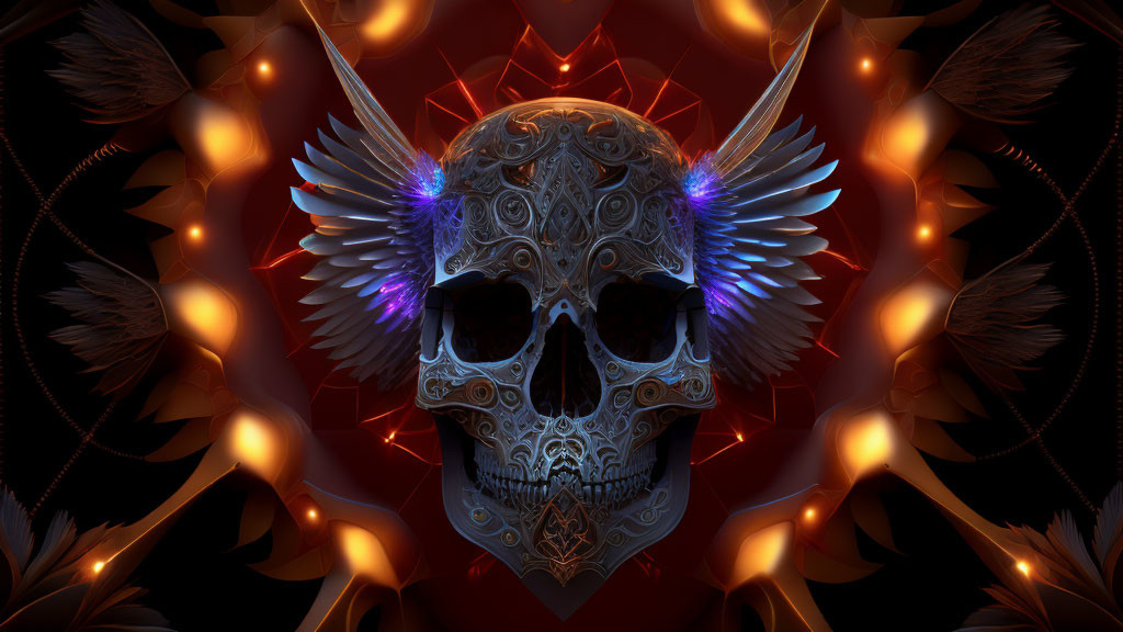 Ornate skull with wing-like structures on fiery symmetrical background