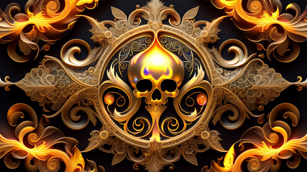 Golden Skull with Swirling Patterns and Glowing Eyes on Dark Background