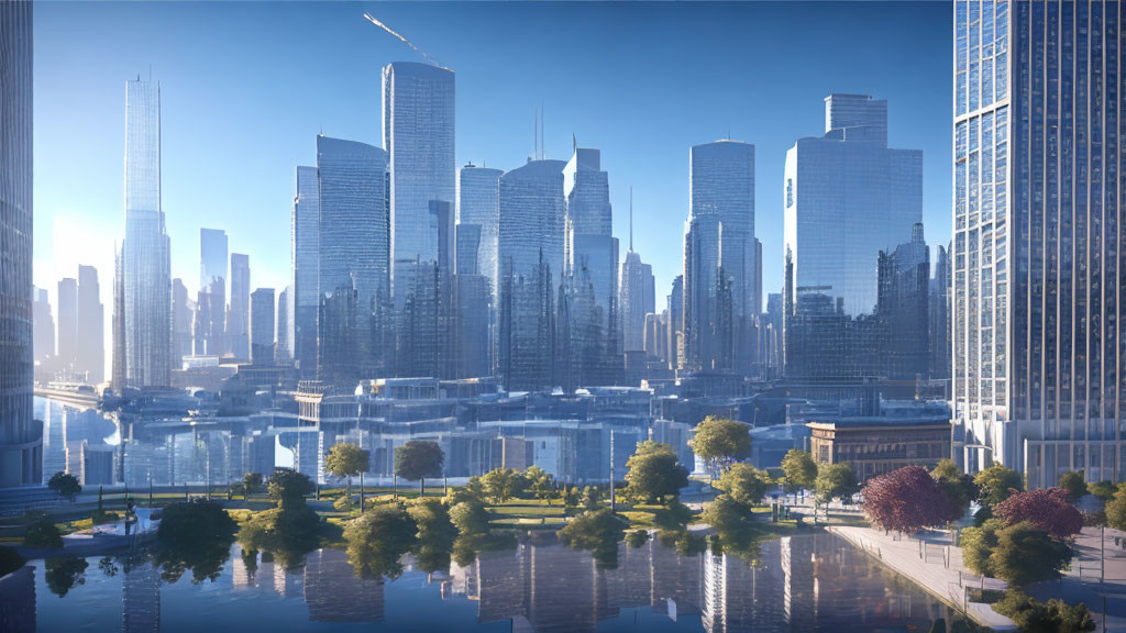 Modern skyscrapers in a cityscape with trees under clear blue skies