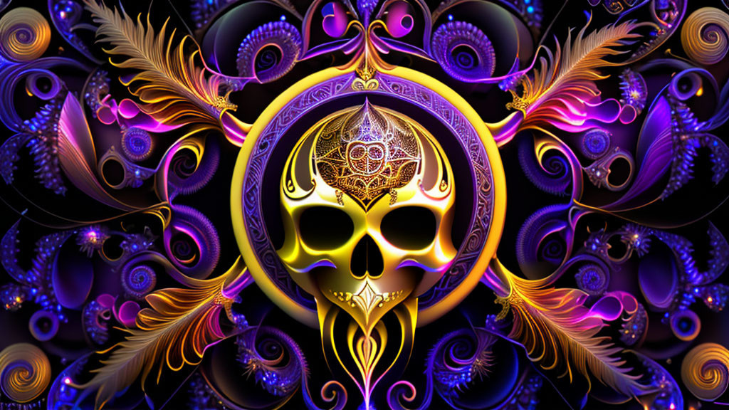 Colorful digital artwork: Golden skull with intricate patterns and fractal designs.