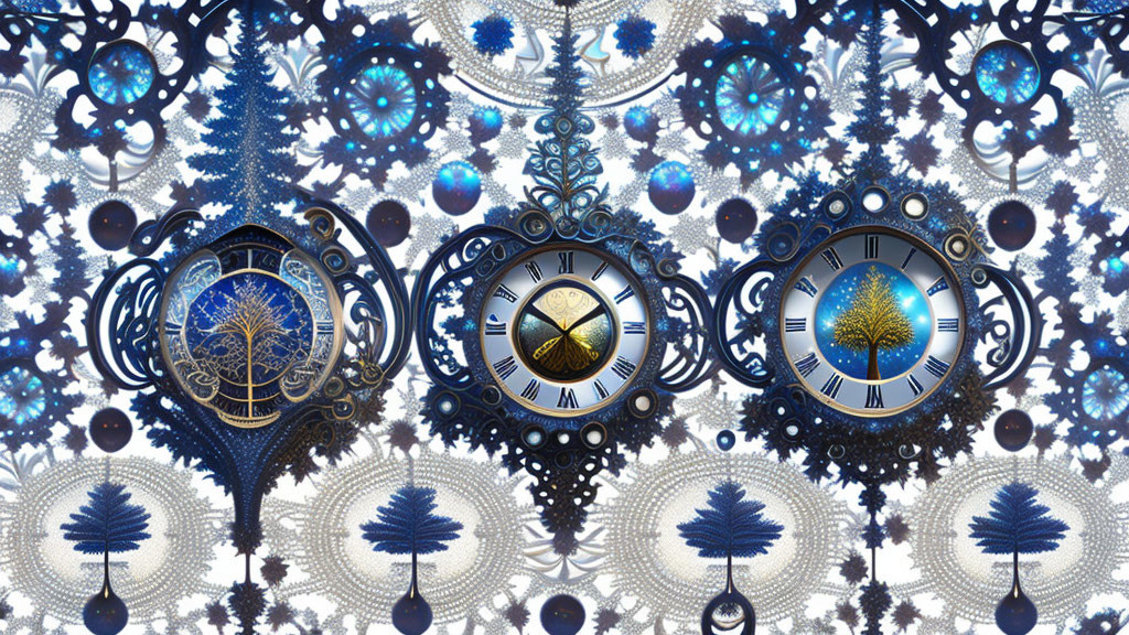 Symmetrical digital artwork: Ornate trees, clock faces, peacock, cosmic motifs in blue tones