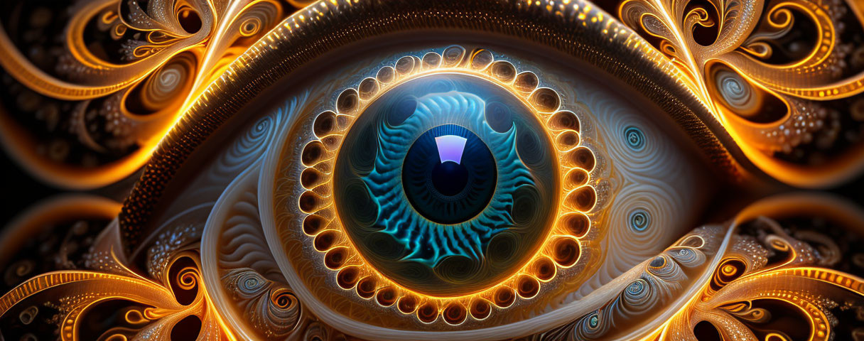 Intricate golden fractal eye design on dark background