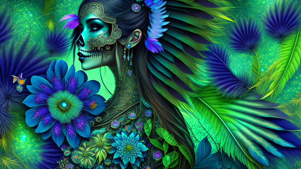 Colorful digital artwork of woman with skull makeup and floral adornments among peacock feathers