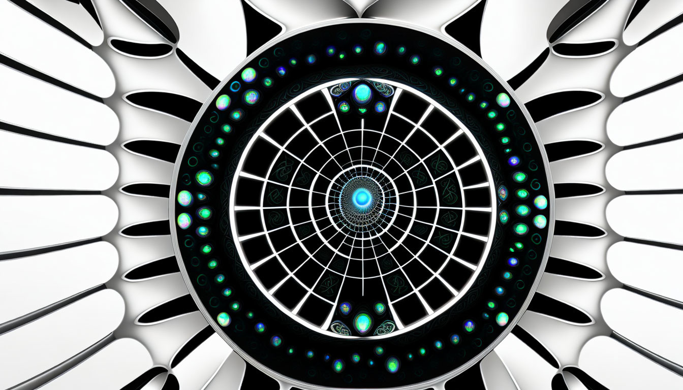 Abstract futuristic tunnel with black and white pattern and blue glowing orbs.