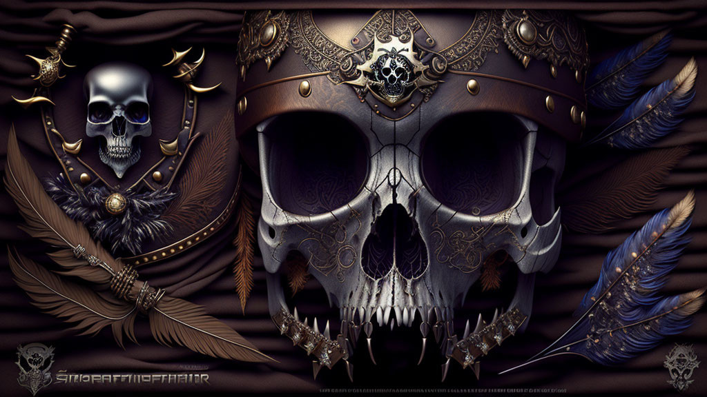 Decorated skull with crown and swords on textured background.