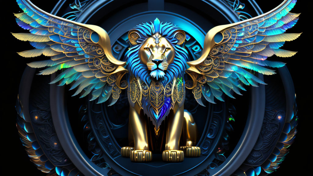 Digital artwork: Winged golden lion with blue-accented mane on dark background