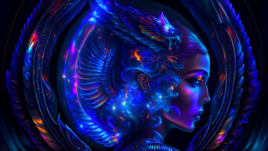 Digital artwork of woman with neon-lit wings & feathers framing face