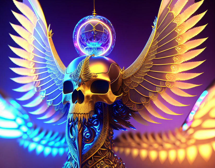 Gold-Toned Skull with Elaborate Wings and Pentagram on Purple Background