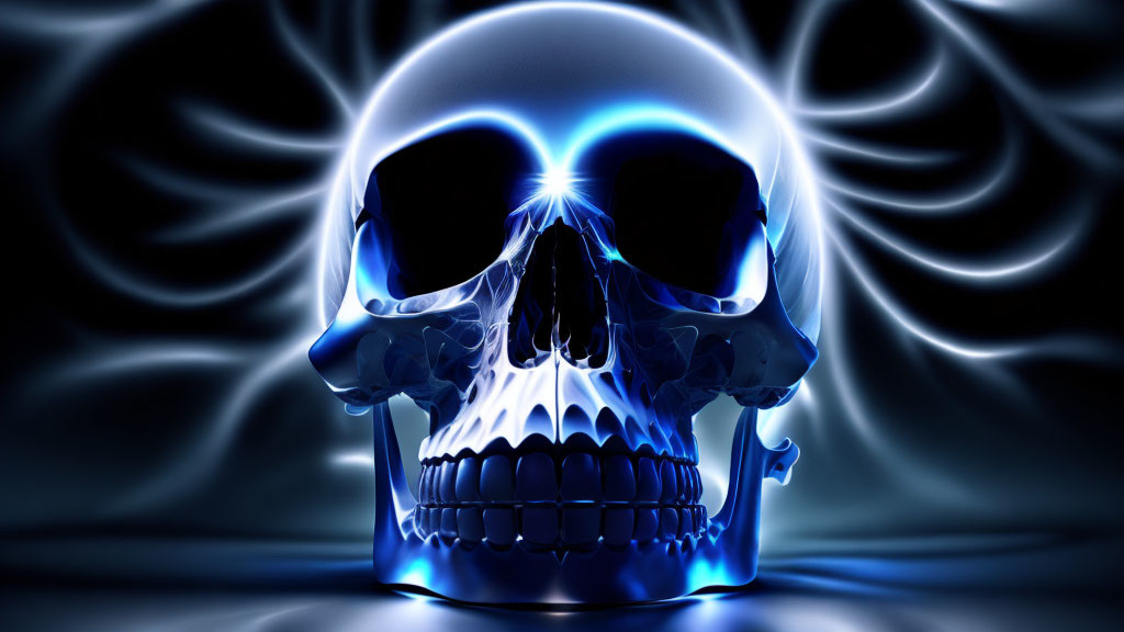 Human skull glowing blue against dark backdrop with intense eye socket light