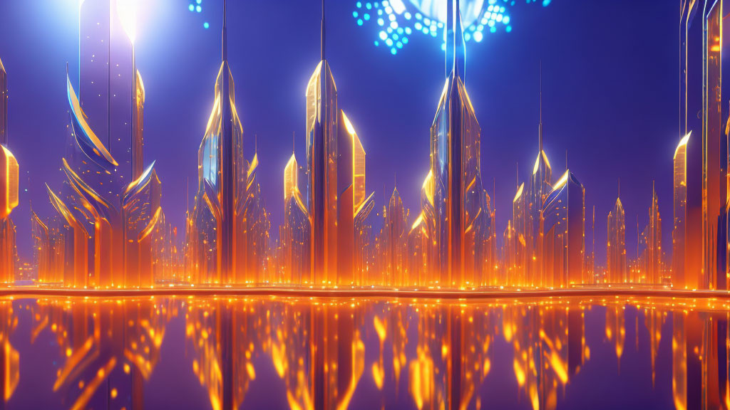 Futuristic cityscape at dusk with neon-lit skyscrapers
