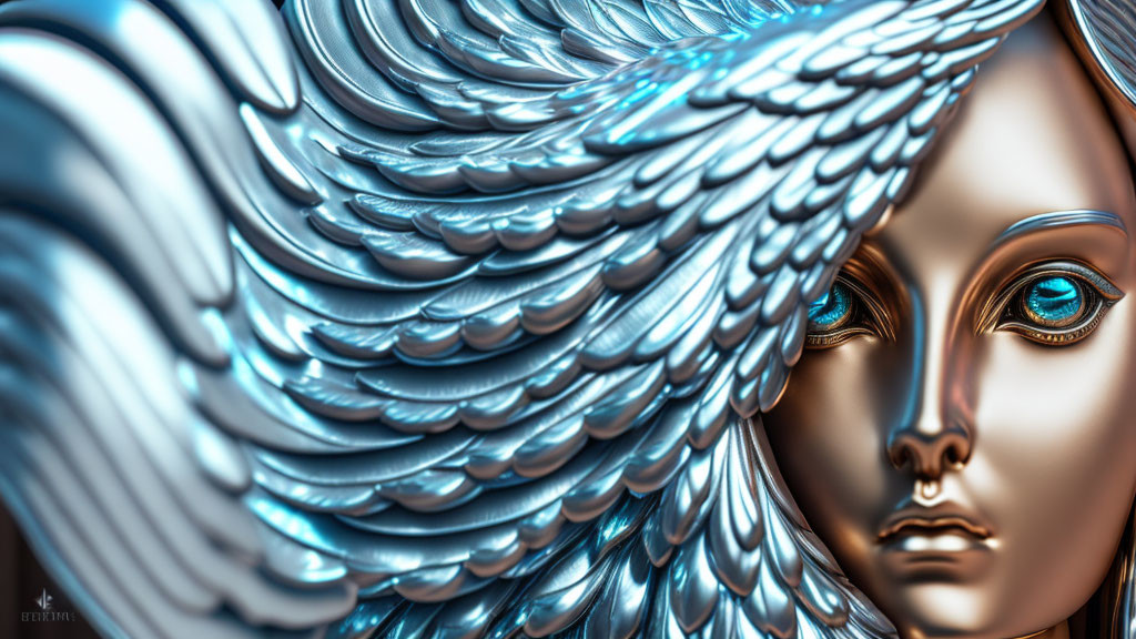 Metallic-skinned figure with blue eyes and silver feather-like structures.