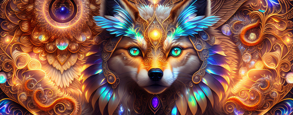 Colorful wolf with tribal patterns and jewels, striking blue eyes