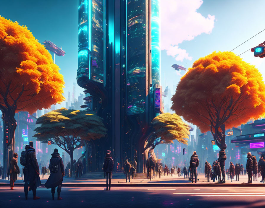 Futuristic cityscape with tall skyscrapers and blue tones, featuring orange trees and bustling streets