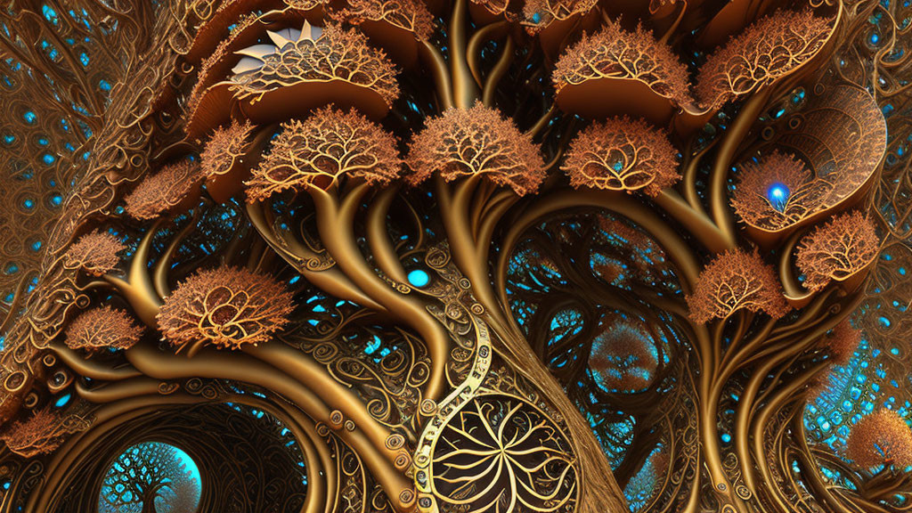 Intricate Gold and Brown Fractal Image with Blue Spherical Accents