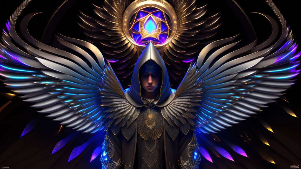 Androgynous figure with blue-white wings and golden halo in digital artwork