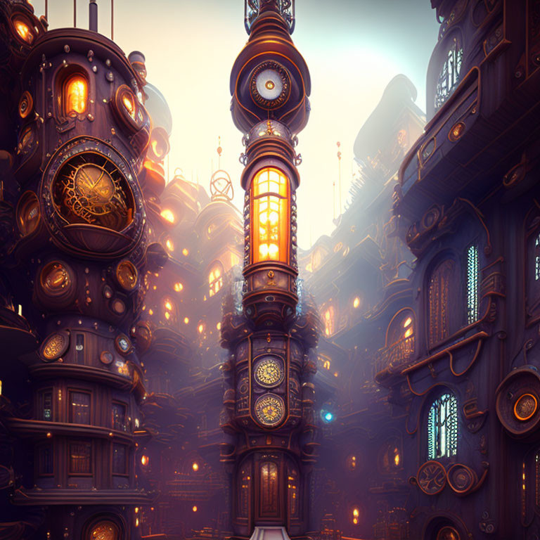 Steampunk cityscape with glowing lights and mechanical structures