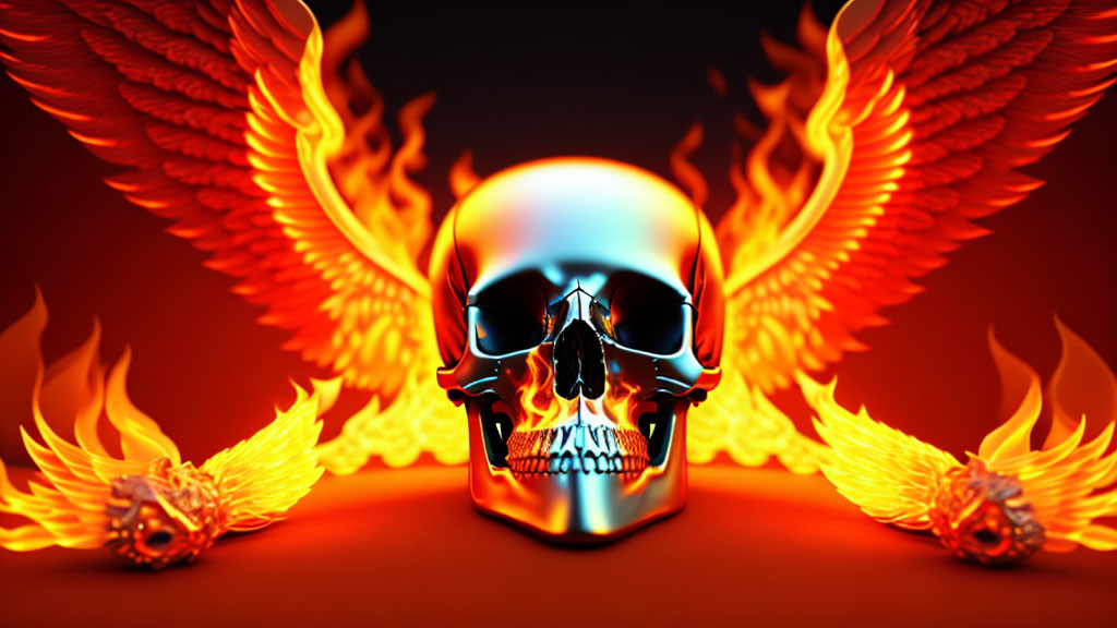 Chrome skull with glowing interior on fiery background with wings and flames