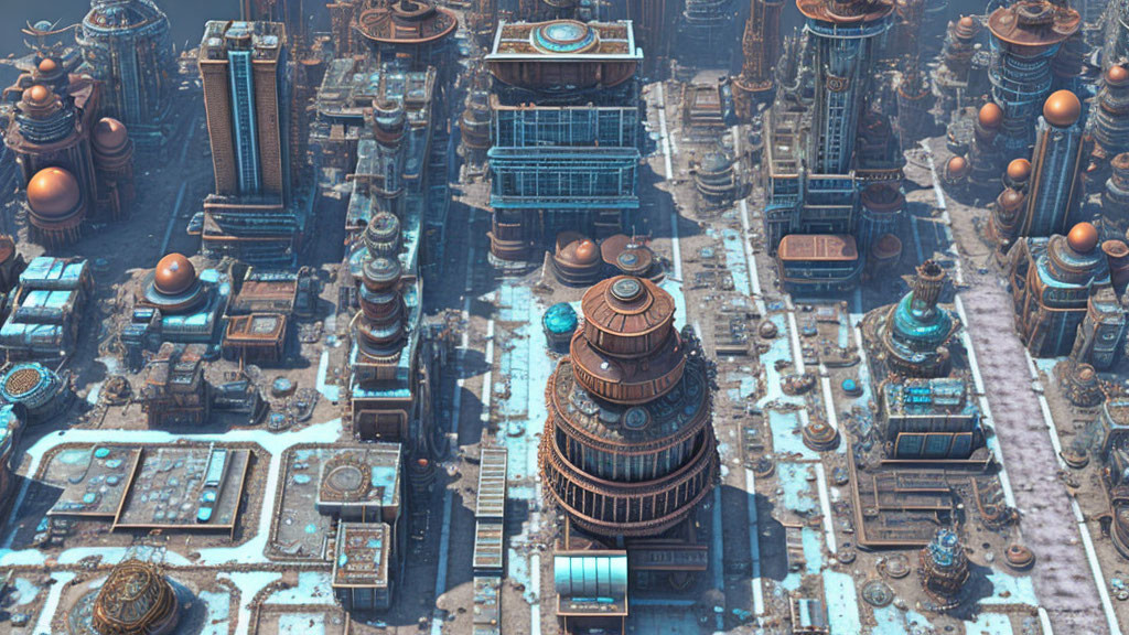 Futuristic cityscape with cylindrical towers and icy terrain