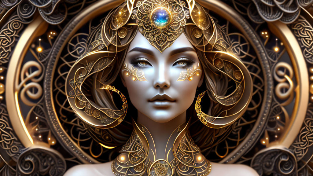 Detailed digital artwork of a woman with golden jewelry and headdress, swirling patterns, and blue gemstone