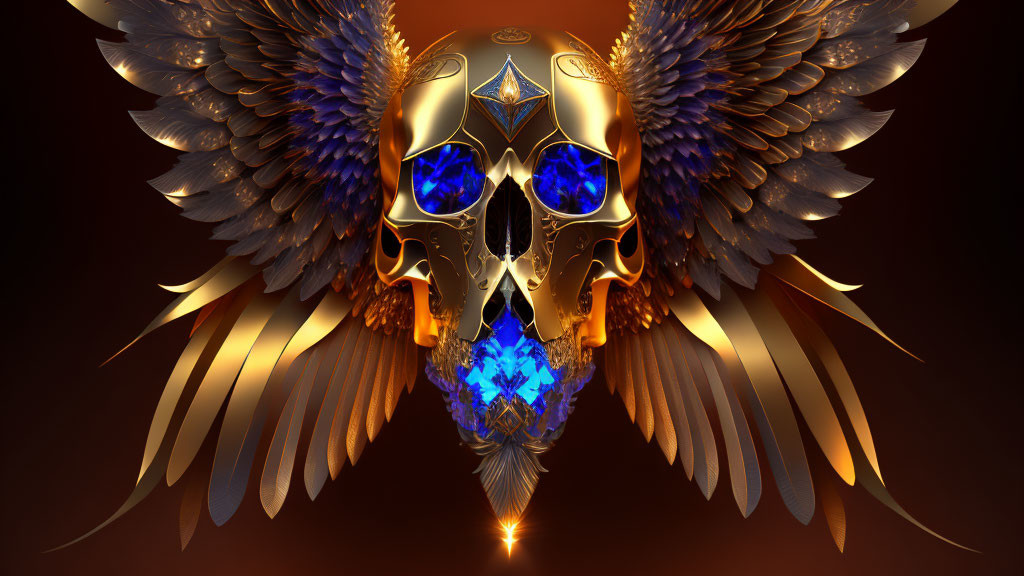 Metallic skull with glowing blue eyes, golden and teal details, ornate wings on dark background