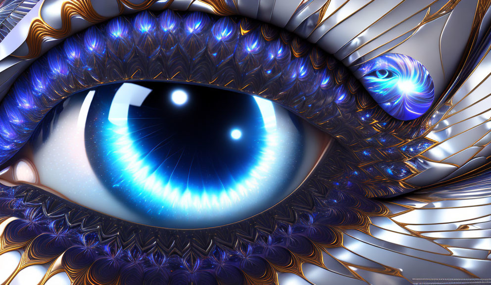 Stylized eye with intricate cosmic patterns in vibrant blue tones