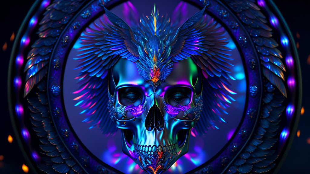 Symmetrical digital artwork with neon-lit skull and feather-like embellishments