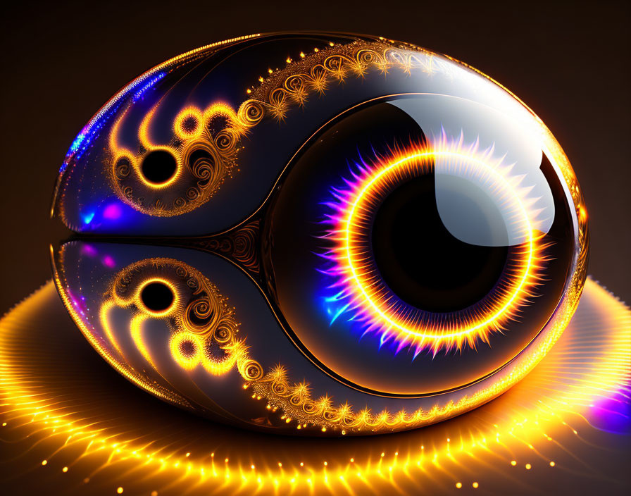 Stylized eye digital artwork with golden patterns and neon blue accents