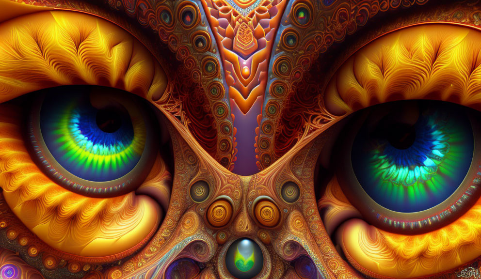 Colorful fractal art featuring intricate eyes and abstract patterns