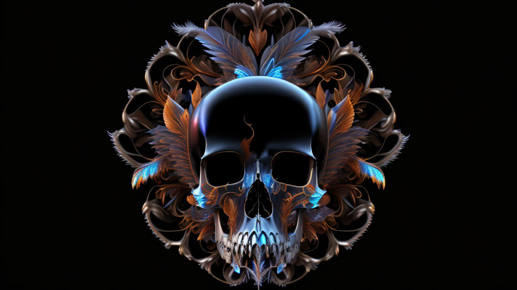 Stylized black skull with metallic and feather-like designs