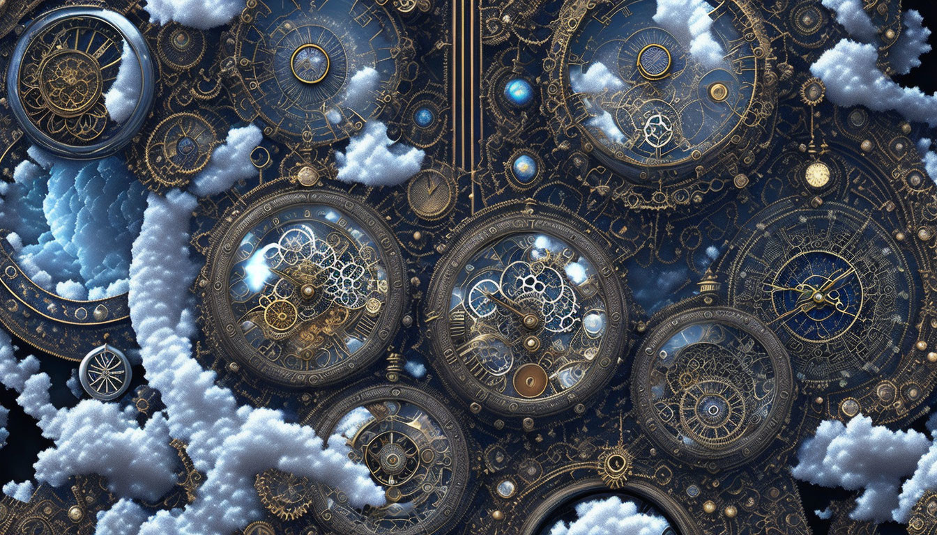 Steampunk-themed golden gears and clocks with clouds on blue and black background