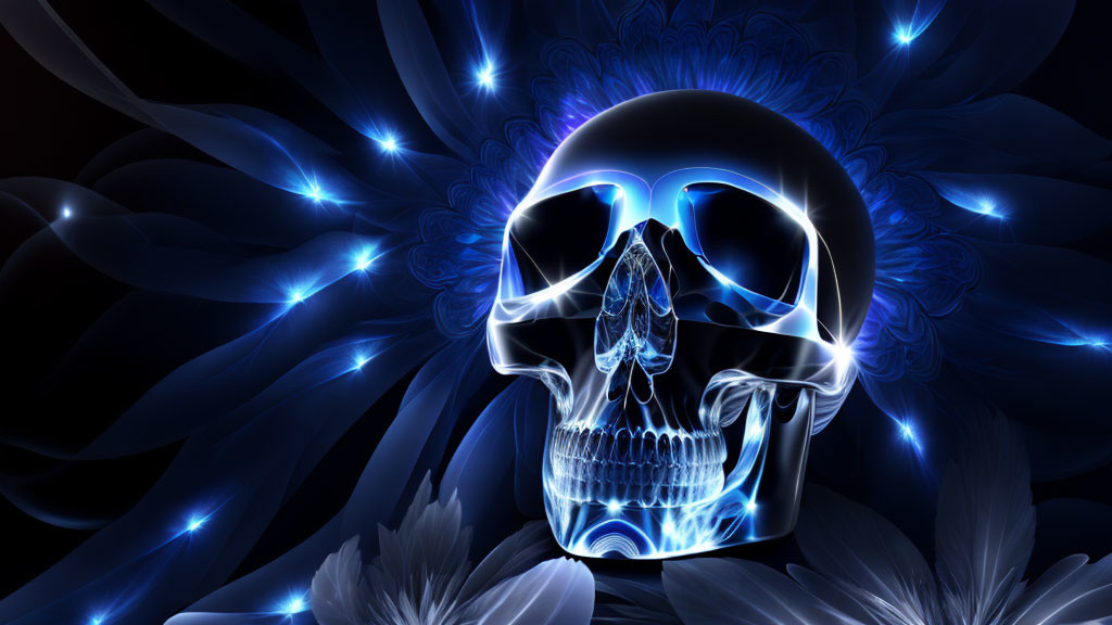 Neon blue x-ray skull with abstract blue floral patterns