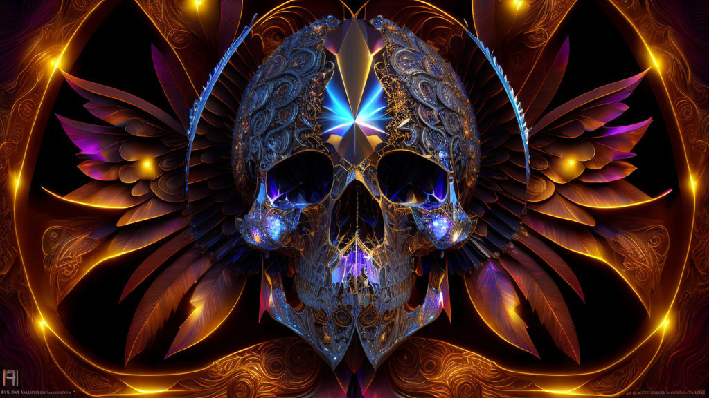 Symmetrical digital artwork of ornate skull with blue glowing eyes on fractal wings backdrop