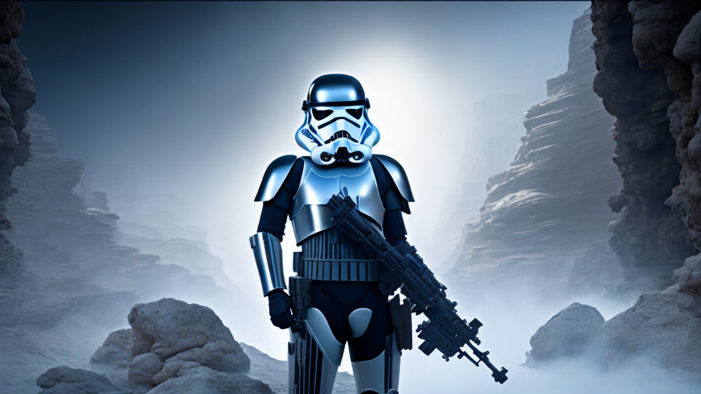 Stormtrooper with mustache holding blaster in misty rocky landscape