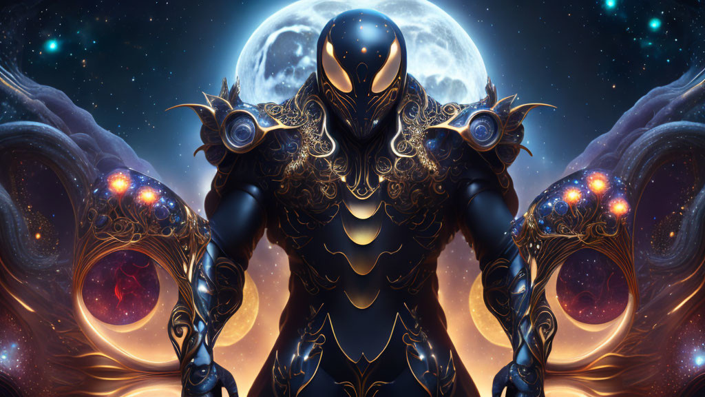 Armored figure in cosmic setting with moon and stars