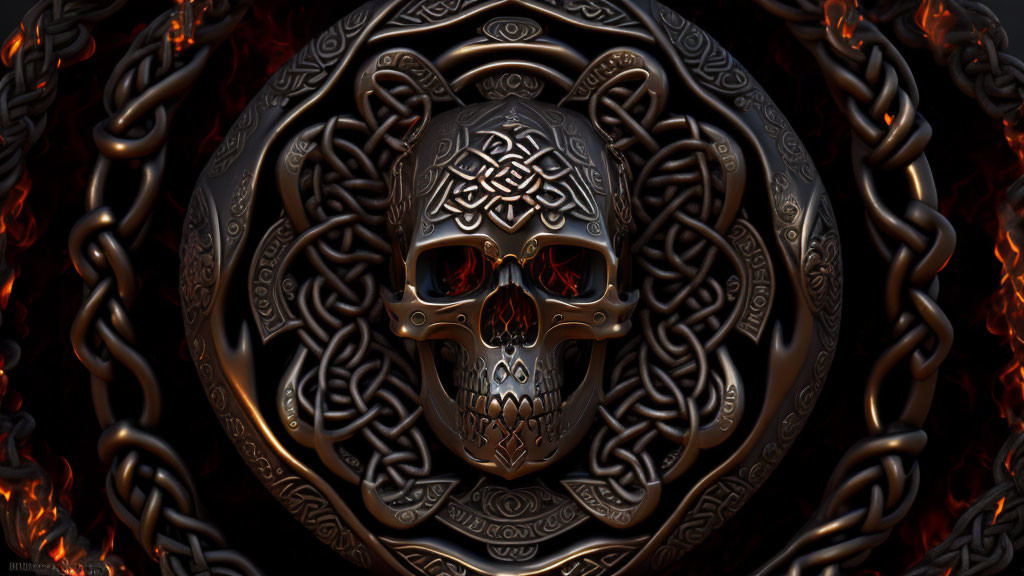 Metallic skull with Celtic knot designs on fiery background