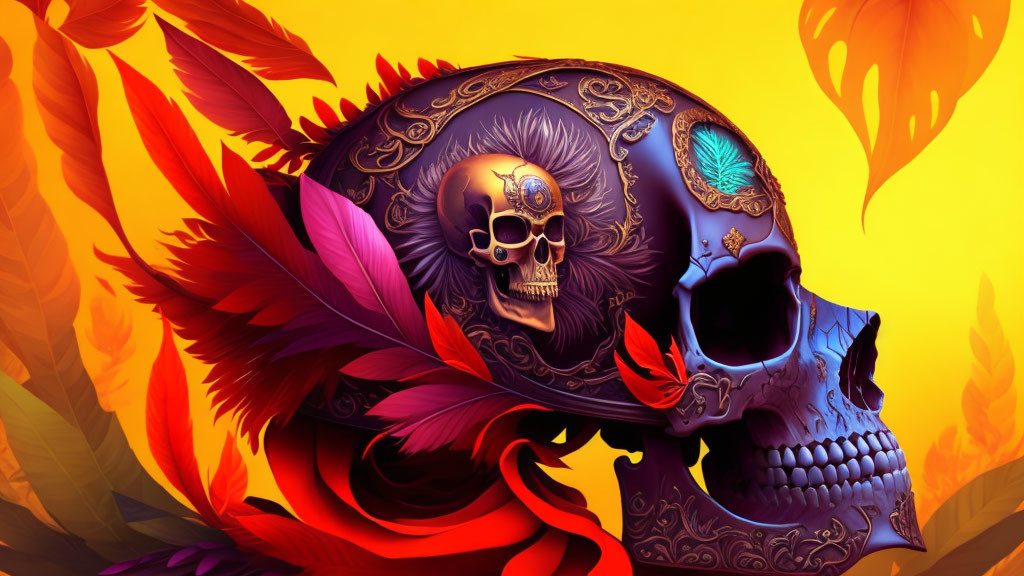 Ornate Skull with Carvings and Feathers on Autumnal Background