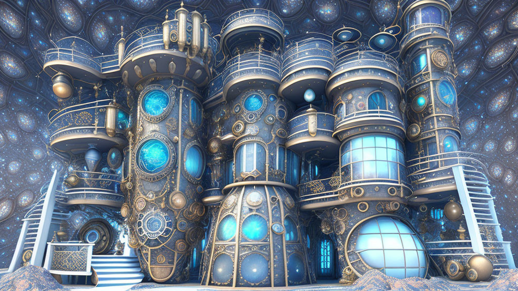 Steampunk mansion with metallic structures and blue orbs in swirling fractal backdrop