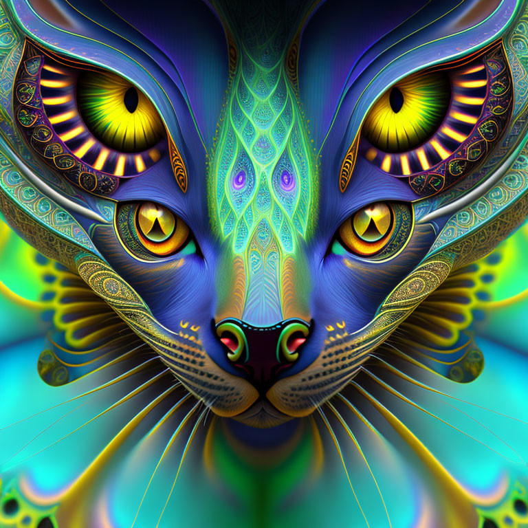 Symmetrical fractal image of a cat's face with vibrant colors