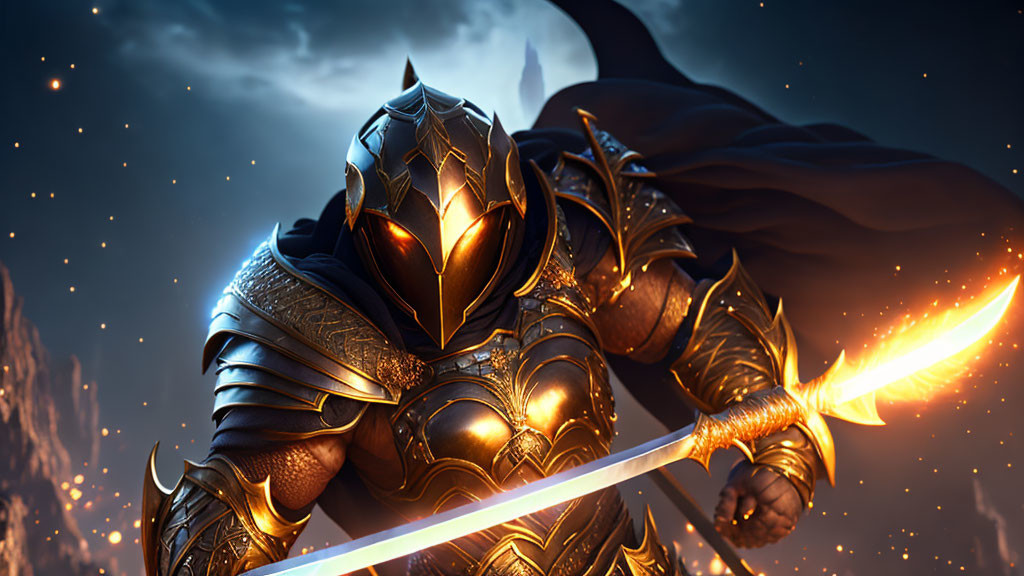 Knight in black armor wields glowing sword under night sky