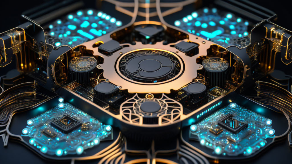 Symmetrical Futuristic Motherboard with Golden Details