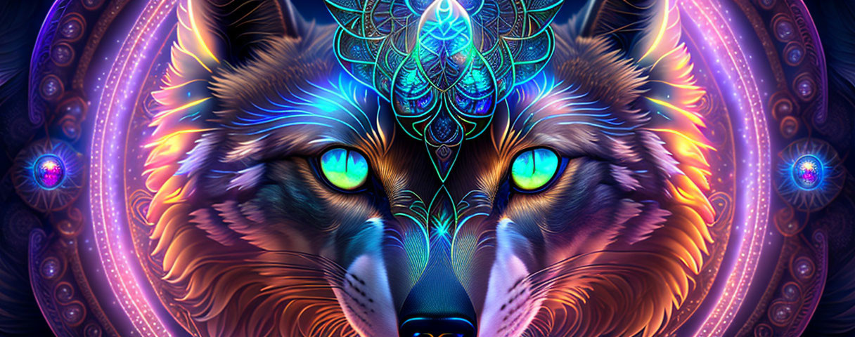 Colorful Wolf Artwork with Green Eyes and Mandala Patterns