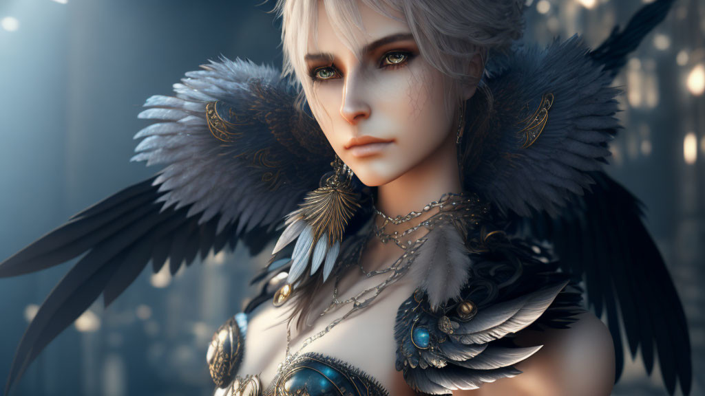 3D-rendered female character with pale skin, grey hair, and blue eyes in ornate feather