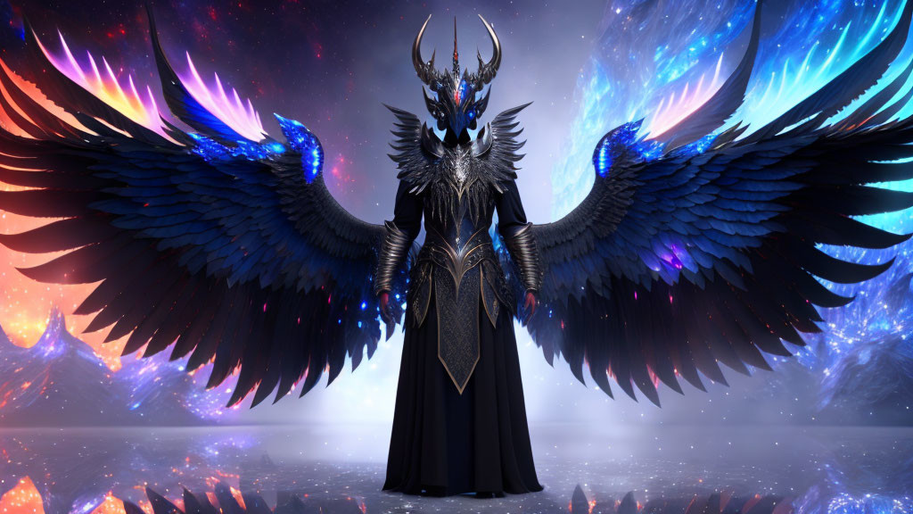 Fantasy figure in ornate black armor with dark and celestial wings