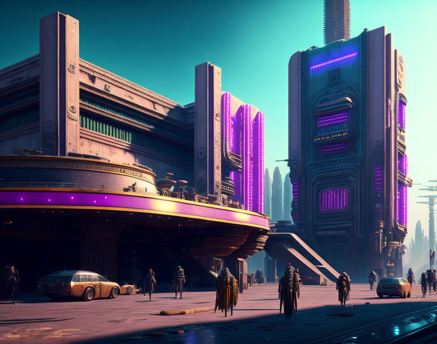 Futuristic cityscape with towering buildings and purple lights, pedestrians, and a sleek car.